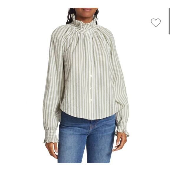 Veronica Beard Calisto Seersucker Striped Shirt Dark Sage & White - Picture 3 of 7